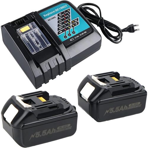 MEVRONISSHOP-MAKITA18V Lot de 2 batteries de rechange, 18 V, 5500 mAh, avec chargeur DC18RC, compatibles avec BL1860, BL1860B, BL1855, BL1855B, BL1850, BL1850B, BL1860B, DC18RC
