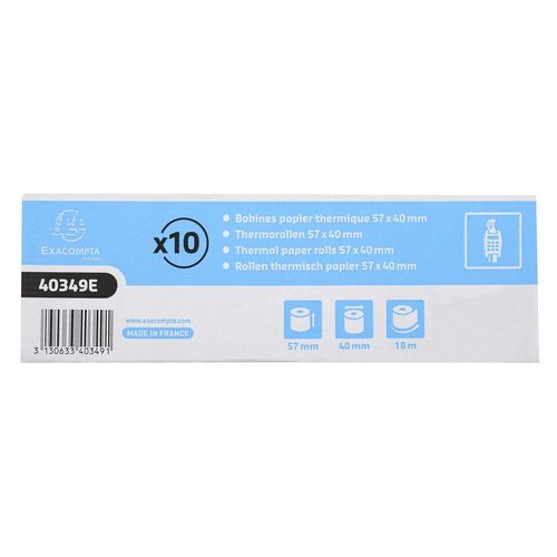 Exacompta Lot De 10 Bobines Pour Tickets Carte Bancaire 57x40mm - 18m - 1 Pli Thermique 55g - Blanc