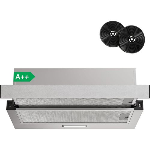 Hotte Aspirante Téléscopique 60cm,400 m³/h,Classe A++, Éclairage LED,2 Vitesses,Montage Sous Meuble ou Mural, Recyclage ou Évacuation,Inox