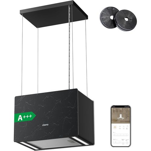 SUBZONAL-Ciarra - Hotte Aspirante Ilôt - Classe A - 3 Vitesses et Fonction Boost - 700 m³/h - 48 cm - Commande Tactile & Wifi - Recyclage - Éclairage LED - Motif Marbre - Verre Dépoli - Noir - CBC