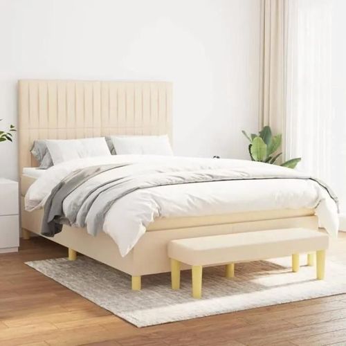 3137314 Vidaxl Lit À Sommier Tapissier Avec Matelas Crème 140x190 Cm Tissu