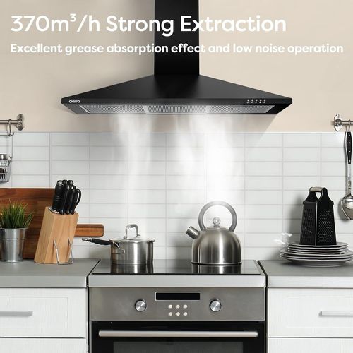 SUBZONAL-Ciarra CBCB9201 Hotte Aspirante 90 cm - Classe A - 370m³/h - 3 Vitesses - Recyclage ou Evacuation - Cheminée Extensible - Filtres à Charbon INCLUS - Noir