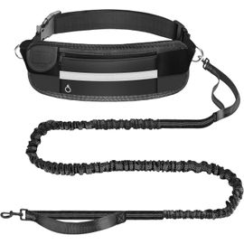 Laisse Canicross Chien, Laisse Mains Libres Chien Élastique 160-220cm, Longe De Jogging Anti-Tirons Avec Couture Réfléchissante, Double Poignée, Ceinture Réglable Pour Marche, Randonnée, Noir
