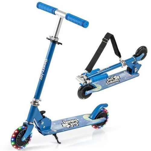 Costway Trottinette Enfant Pliable Avec 2 Roues Clignotantes & Béquille, 3 Hauteurs Réglables, Pont Elargi, 50kg Pour 3-8 Ans, Bleu