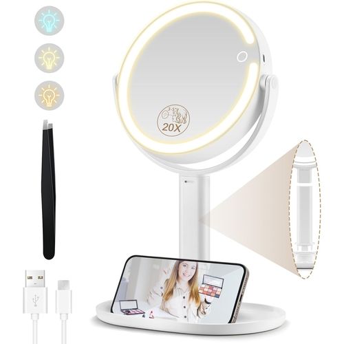 Kalanka-Miroir Grossissant Lumineux X 20, Miroir Grossissant Sur Pied 8"", Miroirs Maquillage Lumineux Sur Pied Double Face 3 Couleurs 64 Led, Rechargeable Rotation 360° 