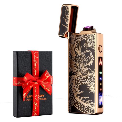 KALANKA-Personnalisé Briquet Électrique Indicateur de Batterie Briquet USB Plasma Rechargeable Coupe-Vent & sans Flamme, Briquet Double Arc avec Indicateur de Batterie pour Bougies/Grill (Dragon)