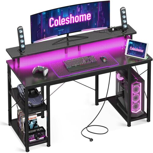 JEXNOVASHOP-Bureau Gaming avec éclairage LED, 120x50cm Bureau Ordinateur avec 2 Prises électriques & 2 Ports USB, Bureaux Informatique avec Support d'écran, Petit Bureaux à Domicile, Noir