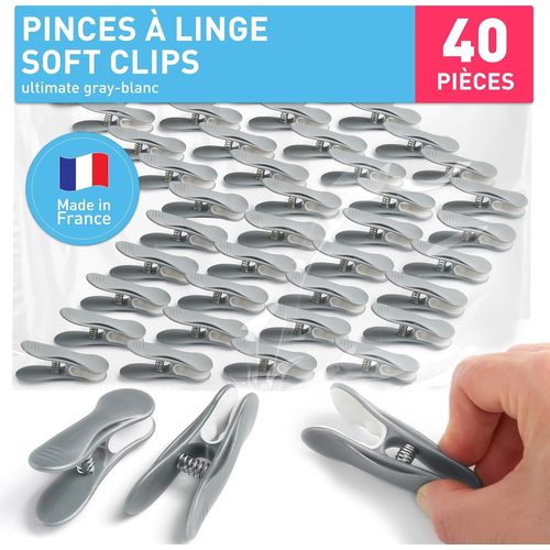 TIANYI-Pince a Linge Soft Clips \u2013 Pinces à Linge \u2013 Epingle a Linge \u2013 Fabriqué en France \u2013 68mm x 22mm \u2013 Ultimate Gray-Blanc \u2013 Lot de 40 Pièces