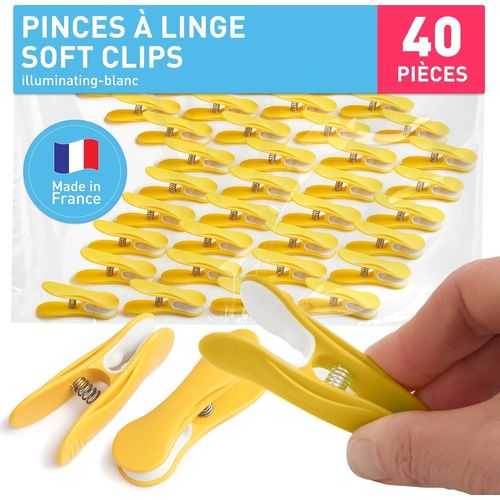 TEPPD-Pince a Linge Soft Clips \u2013 Pinces à Linge \u2013 Epingle a Linge \u2013 Fabriqué en France \u2013 68mm x 22mm \u2013 Illuminating-Blanc \u2013 Lot de 40 Pièces