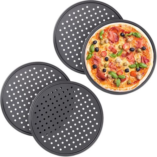 SUBZONAL-Plaque pizza, lot de 4, ronde, perforée, antiadhésive, tartes flambées, en acier, moule, ¿ 32 cm, anthracite