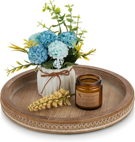 Plateau Decoratif Rond Bois: Rustique Service Plat Petit Marron Cafe Plateaux Perles Boho Mini Table Plats Ferme Deco Pour Repas Canapé Cuisine, 30cm