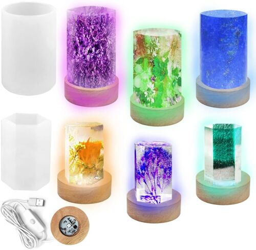 Lot De 2 Moules Cylindriques En Résine Époxy, Moule Hexagonal En Résine Et Base Lumineuse En Bois Avec Alimentation Usb Pour Bricolage, Décoration De Bureau, Lampe De Table, Décoration