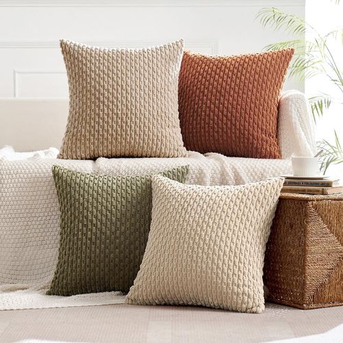 Tianyi-Lot De 4 Housse De Coussin Décorative En Velours Côtelé Coussins Canape Carré Super Doux Taie Oreiller Moderne Maison Pour Salon Chambre Fauteuil De Bureau 45x45 Cm Série Vert Marron