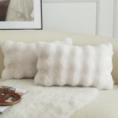 Cauc-Lot De 2 Housses De Coussin Décoratives En Laine Épaisse Et Doudou Super Douces Vague Bulle Fourrure Veloutée Taies Pour Canapé Lit Salon 30x50 Cm Blanc Crème\U200b