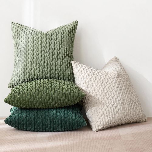 Tianyi-Lot De 4 Housse De Coussin Décorative En Velours Côtelé Coussins Canape Carré Super Doux Taie Oreiller Maison Pour Salon Chambre Fauteuil De Bureau 45x45 Cm Série Verte