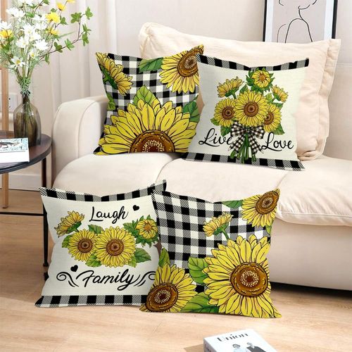 Cauc-Housse Coussin 45x45 Lot De 4 Tournesol Ferme Vintage Taie D'oreiller Jardin Floral Carreaux Noirs Et Blancs Housse D'oreiller Pour Coussins Canapé Housses Home Décor