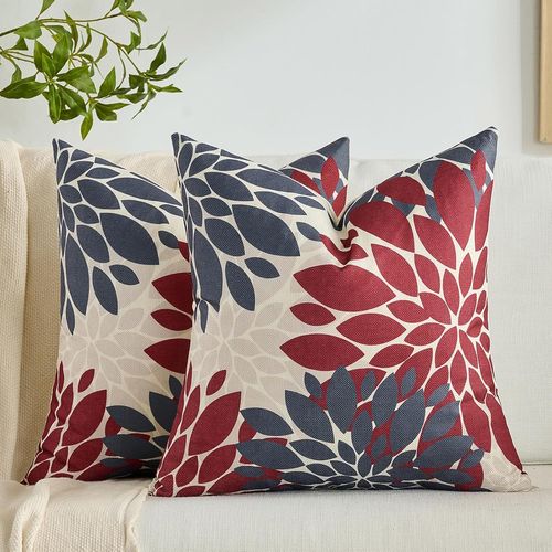 Slep-Housses De Coussin 40 X 40 Cm En Lin Vert Et Gris Dahlia Taie D'oreiller Moderne Floral Été Automne Lot De 2 Housse De Coussin Pour Salon Patio Jardin Canapé Coussin Decoration