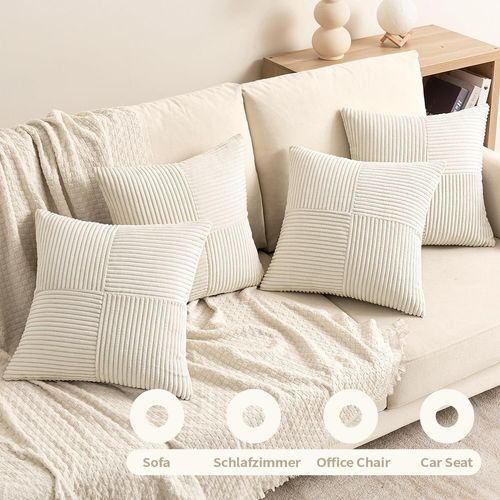 Cauc-Lot De 4 Housses De Coussin Décoratives En Velours Côtelé - Motif De Noël - Patchwork - 40 X 40 Cm - Pour Canapé, Fauteuil, Maison, Chambre À Coucher - Beige