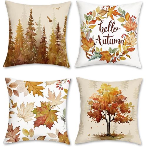 Cauc-Housses De Coussin Automne Forêt Orange Arbre Feuilles Érable Couronne Taies D¿Oreiller Décoratives Pour Canapé Lit Maison 45 X 45 Cm 4 Pièces
