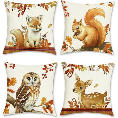 CAUC-Housses de Coussin Automne Animaux Orange Renard Écureuil Hibou Cerf Polyester Taies d¿Oreiller Décoratives pour Canapé Lit Maison 45 x 45 cm 4 Pièces