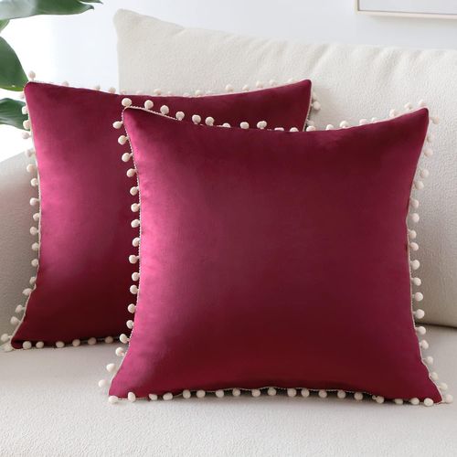 Cauc-Lot De 2 Housses De Coussin Décoratives En Velours Doux Pompons Taies D'oreiller Décoration D'intérieur Housse Coussins Pour Canapé Lit Chaise Chambre Salon (45x45 Cm, Bourgogne)