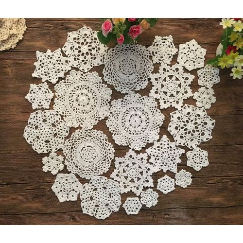 Tianyi-Mindplus Lot De 24 Napperons En Coton Fait Main En Crochet Rond Blanc Beige Vintage Fête De Mariage (Blanc)