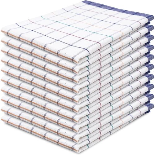 Tianyi-Set De 10 Torchons, Coton, Env. 50x70 Cm, 170g/M², Bleu À Carreaux