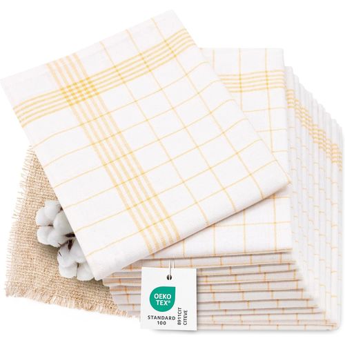 Tzf-Set De 12 Torchons, Coton Et Lin, 50x70 Cm, Jaune Blanc À Carreaux
