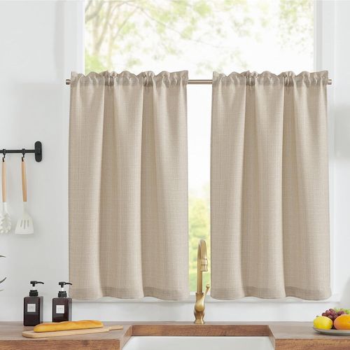 Cheng-Rideaux Cuisine Court Beige 90h X 45l(Cm) Pour Meuble Bas Placard Fenetre,À Passe Tringle Intérieurs,Petit Rideau Brise-Bise,Moderne,2 Panneaux