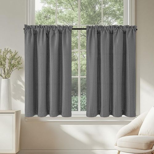 Cheng-Rideau Cuisine Court Rideaux Brise Bise, Motif Gaufre Gris 90l X 90h Cm 2 Panneaux À Passe Tringle, Pour Chambre Petite Fenêtre Placard Meuble Bas