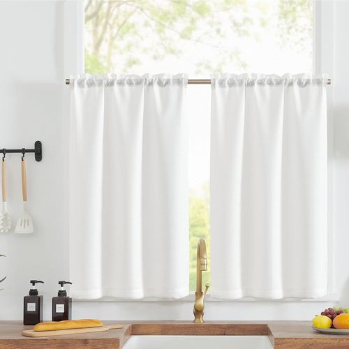 Cheng-Rideaux Cuisine Court Blanc 70h X 115l(Cm) Pour Meuble Bas Placard Fenetre,À Passe Tringle Intérieurs,Petit Rideau Brise-Bise,Moderne,2 Panneaux