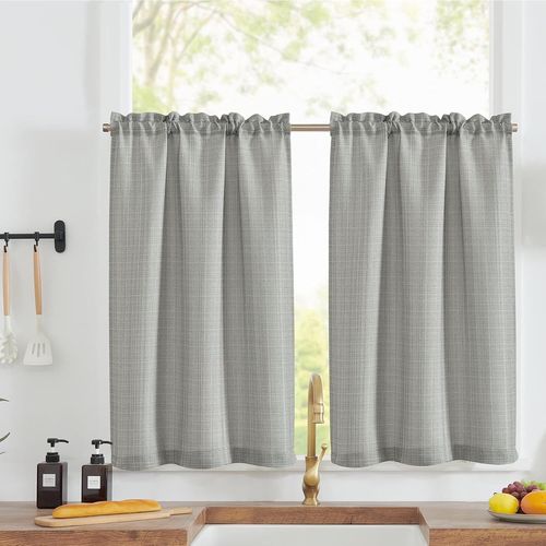 Cheng-Rideaux Cuisine Court Gris Foncé 70h X 60l(Cm) Pour Meuble Bas Placard Fenetre,À Passe Tringle Intérieurs,Petit Rideau Brise-Bise,Moderne,2 Panneaux
