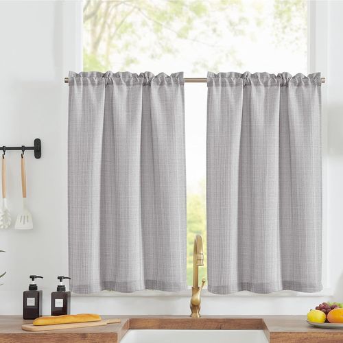 Cheng-Rideaux Cuisine Court Gris Clair 70h X 90l(Cm) Pour Meuble Bas Placard Fenetre,À Passe Tringle Intérieurs,Petit Rideau Brise-Bise,Moderne,2 Panneaux