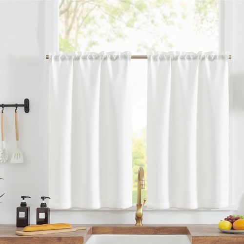 Cheng-Rideaux Cuisine Court Blanc 90h X 90l(Cm) Pour Meuble Bas Placard Fenetre,À Passe Tringle Intérieurs,Petit Rideau Brise-Bise,Moderne,2 Panneaux