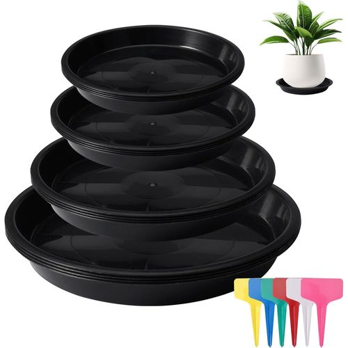 Tianyi-16 Pièces Coupelle Pot De Fleur, 12/16/18/20 Cm Soucoupe Pot Fleur Avec 18 Pièces Étiquettes Pour Plantes, Sous Pot De Fleur, Soucoupes Rondes En Plastique Pour Jardin, Intérieure Et Extérieur