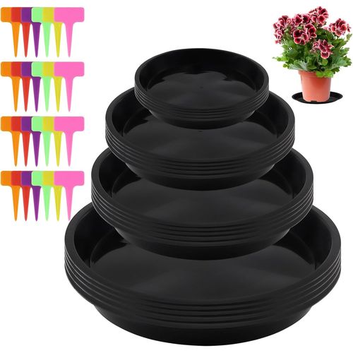 Tianyi-20 Pièces Soucoupe Pot Fleur Rond, Plastique Dessous De Pot De Fleur Avce 24 Pièces Étiquettes Pour Plantes, Coupelle Pot De Fleur Convient Aux Plantes D¿Intérieur Et D¿Extérieur (4 Tailles)