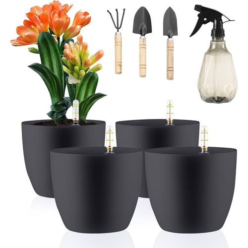 TIANYI-Lot de 4 Pots de Fleurs avec Indicateur d'eau en Plastique 15,5 x 13 cm Auto-Arrosage Réservoir d'eau avec Système d'irrigation pour Plantes Miniatures