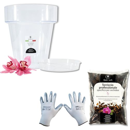 TEPPE-- Kit de rempotage pour orchidées : Pot Transparent pour orchidées, 4 Trous de Drainage et Soucoupe + terreau spécifique pour orchidées 1L, Gants de Jardinage (16mm)