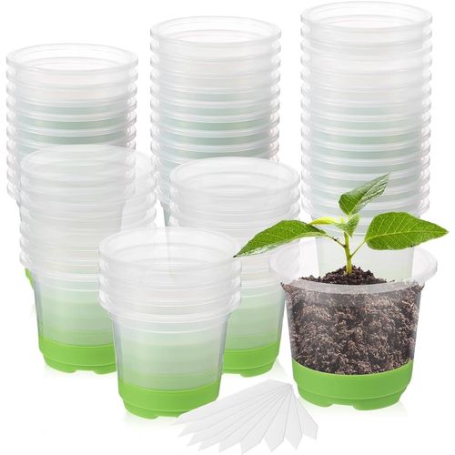 Tianyi-24 Pièces Pots De Plantes Transparents Avec Silicone Base, 10cm Rond Pot De Pépinière En Plastique Pots De Démarrage De Semis Réutilisables Avec Trous De Drainage Et 20 Étiquettes De Plantes