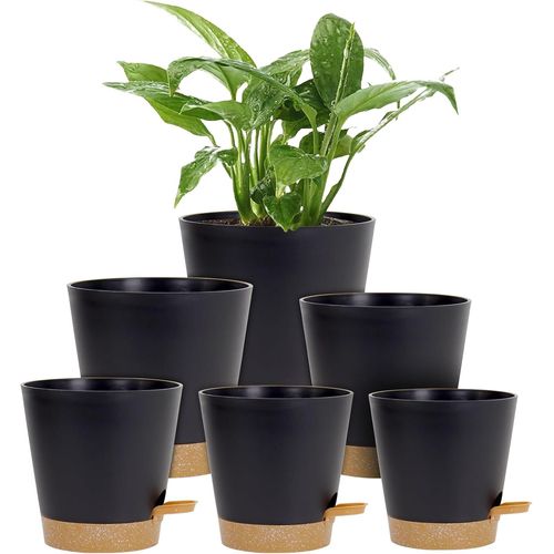 Lot de 6 pots de fleurs en plastique à auto-arrosage pour intérieur 20/17,5/16,5/15/14/12,5 cm,pots de fleurs avec trous de drainage,soucoupe et réservoir pour toutes les plantes