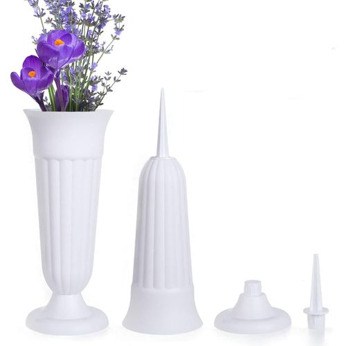 Tianyi-2 Pièces Vase Cimetiere, 33 X 11 Cm Vase Funéraire En Plastique Avec Pointe En Terre Et Piédestal, Vase De Fleurs Pour Cimetière, Vase Enfichable À Décorer Pour Tombe, Blanc