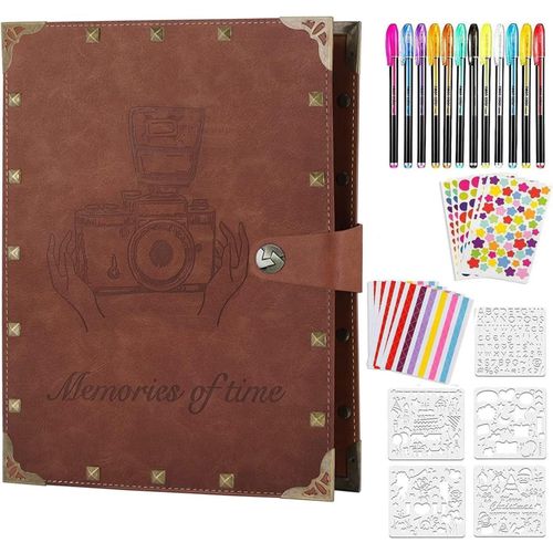 Tianyi-Album Photo Scrapbooking Traditionnel, 60 Pages Kit De Livre Photo Mémoire, 12 Couleurs Stylos Marqueurs Et 9 Feuilles Autocollants Stickers, Diy Album Fait Main Papier D'artisanat