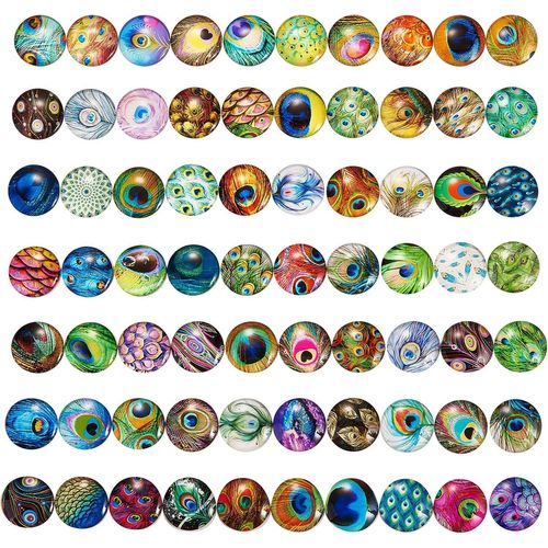 Tianyi-70 Pièces Plumes De Paon Cabochons En Verre À Dos Plat Cabochons En Verre Imprimé Mosaïque Cabochons En Dôme En Verre Coloré Pour La Fabrication De Bijoux