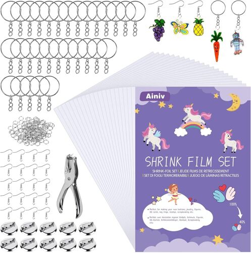 Mevronisshop-181 Pcs Feuille Plastique Fou, Plastique Magique Kit Comprend 20 Fou Transparent,Avec Perforateur, Boucle Ouverte, Anneau De Clé, Broche Et Crochet D'oreille Pour Les Bricolages