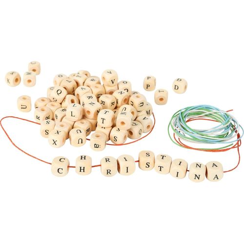TIANYI-Small foot Jeu à enfiler, set bijoux loisirs créatifs, 300 lettres-cubes en bois, rubans, à partir de 3 ans, 7553, Naturel