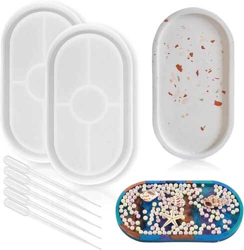 Kit De 2 Moules En Résine Pour Plateau De Bricolage, Moule À Assiette Ovale En Silicone, Moule À Sous-Verre En Résine Époxy Pour Bijoux, Plateau En Terrazzo Jesmonite, Plateau Fait À La Main