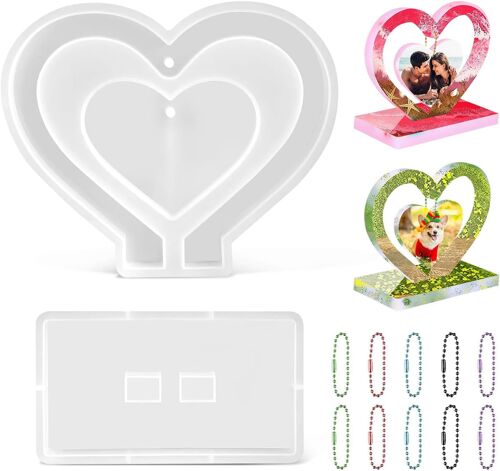 Moule En Silicone En Forme De C?ur 2pcs Moule Cadre Photo Resine Epoxy Flexible Moule Silicone Resine Epoxy Coeur Lavable 18.6x15.4cm Pour Décoration De Bureau Artisanat De Maison