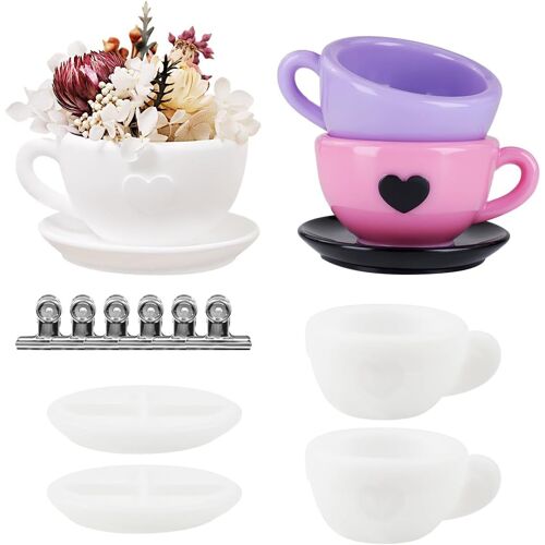 Jexnovashop-4pcs Moules En Silicone Pour Tasse À Café Créativité Bougeoir En Silicone Moules En Résine Époxy Moule En Plâtre Avec Plateau Et Pince De 50mm, Artisanat Décoration-Antiadhésif Et Facile