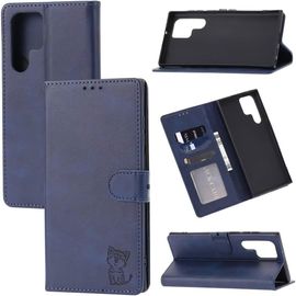 Compatible Avec Coque Samsung Galaxy S23 Ultra En Cuir Portefeuille Etui Avec Fentes De Cartes, Fonction Support+Film De Protection D`Écran, Flip Case Housse-Bleu