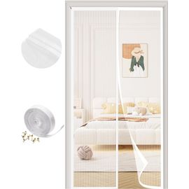 Sept-Moustiquaire Porte Fenetre Magnétique Sans Perçage 140x220 Cm, Magnétique Moustiquaire Porte, Fermeture Automatique, Maille Ultra-Fine Antimoustique Blanc